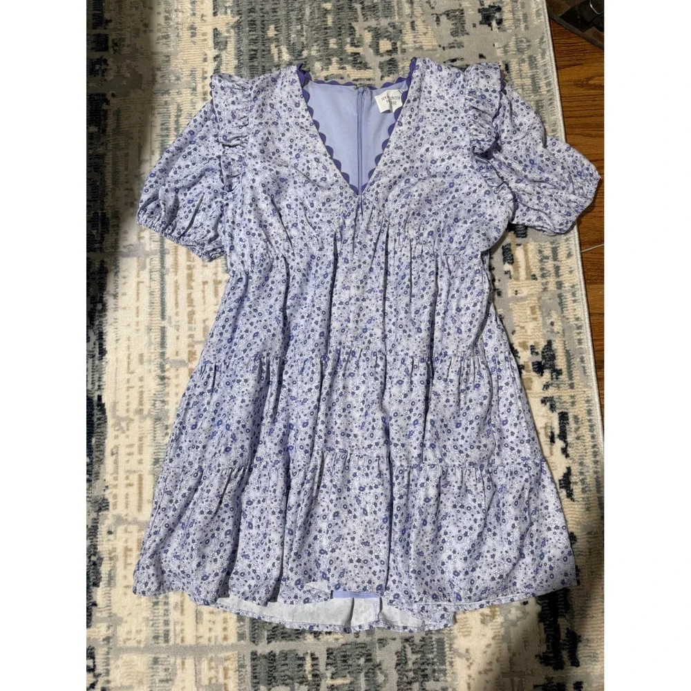Hyacinth House Blue Floral Ric-Rac Trim Tiered Mini Babydoll Dress Womens XL - Picture 2 of 5
